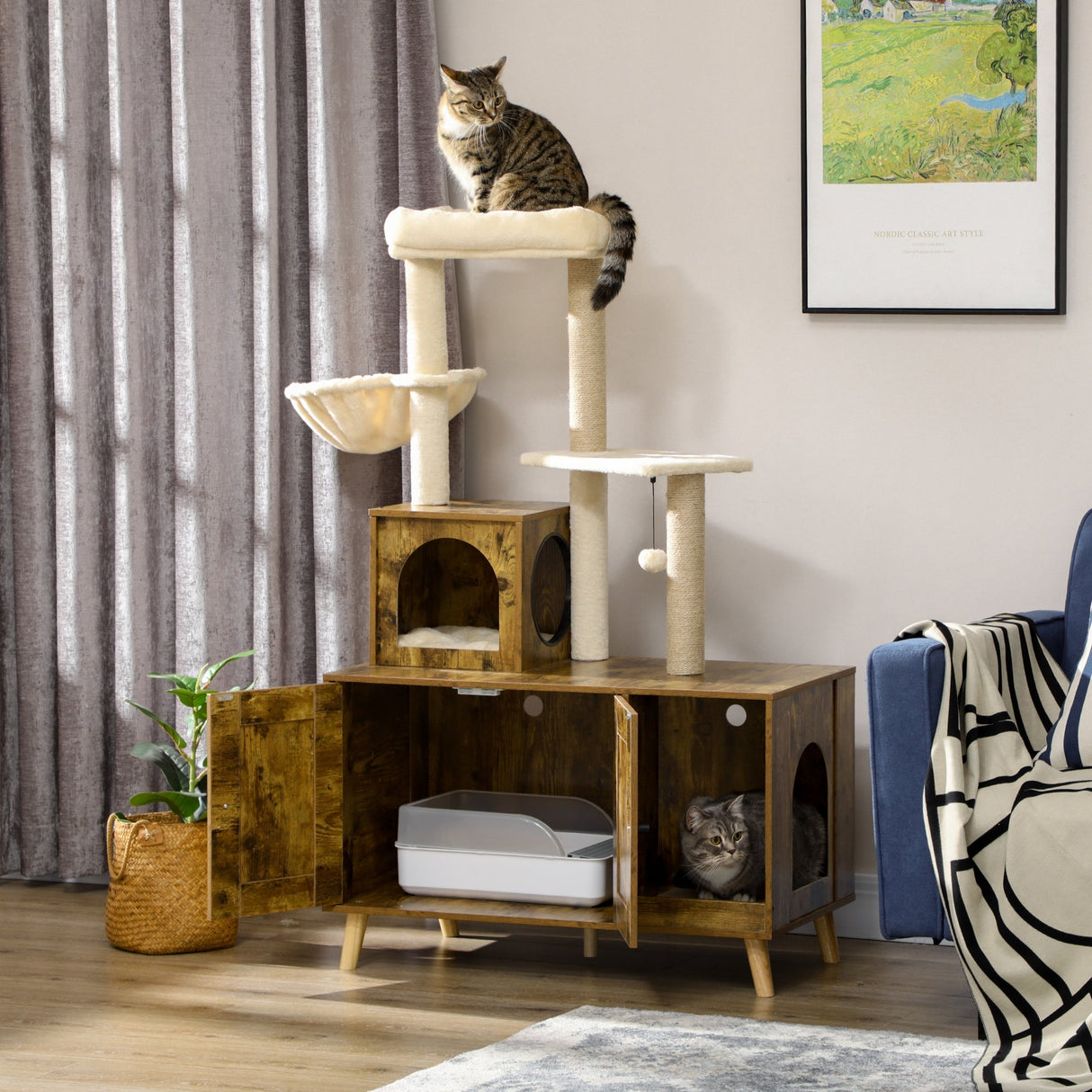 Cat Litter Box Enclosure with Tree Tower & Hammock - Rustic Style, PawHut,