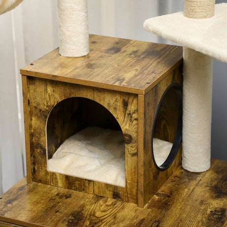 Cat Litter Box Enclosure with Tree Tower & Hammock - Rustic Style, PawHut,