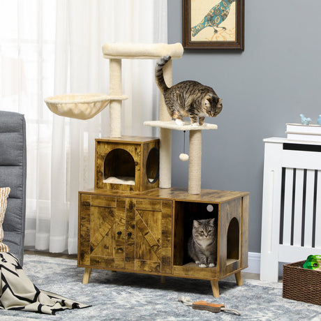 Cat Litter Box Enclosure with Tree Tower & Hammock - Rustic Style, PawHut,