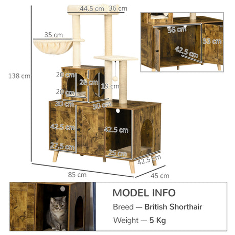 Cat Litter Box Enclosure with Tree Tower & Hammock - Rustic Style, PawHut,