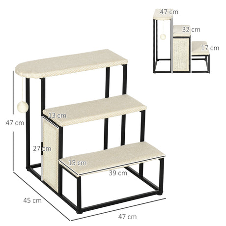 Cat Stairs, 3 Steps for Sofa, Pet Steps with Sisal Scratching Board and Hanging Ball, Steel Frame, 47 x 45 x 47 cm,, PawHut,