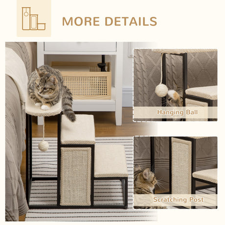 Cat Stairs, 3 Steps for Sofa, Pet Steps with Sisal Scratching Board and Hanging Ball, Steel Frame, 47 x 45 x 47 cm,, PawHut,