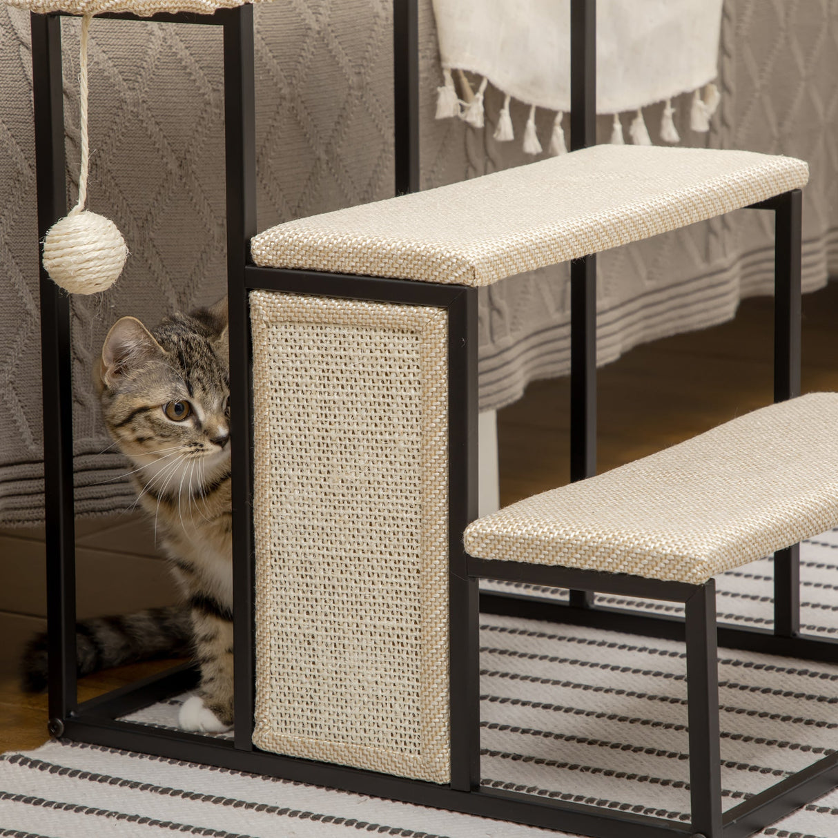 Cat Stairs, 3 Steps for Sofa, Pet Steps with Sisal Scratching Board and Hanging Ball, Steel Frame, 47 x 45 x 47 cm,, PawHut,