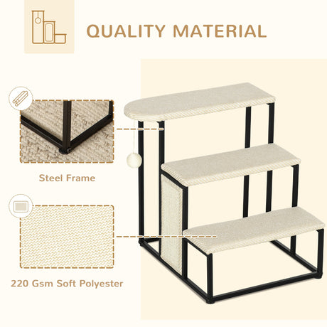 Cat Stairs, 3 Steps for Sofa, Pet Steps with Sisal Scratching Board and Hanging Ball, Steel Frame, 47 x 45 x 47 cm,, PawHut,