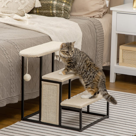 Cat Stairs, 3 Steps for Sofa, Pet Steps with Sisal Scratching Board and Hanging Ball, Steel Frame, 47 x 45 x 47 cm,, PawHut,