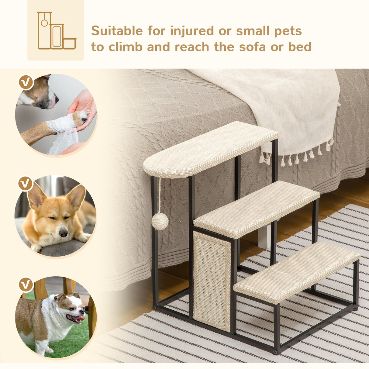 Cat Stairs, 3 Steps for Sofa, Pet Steps with Sisal Scratching Board and Hanging Ball, Steel Frame, 47 x 45 x 47 cm,, PawHut,
