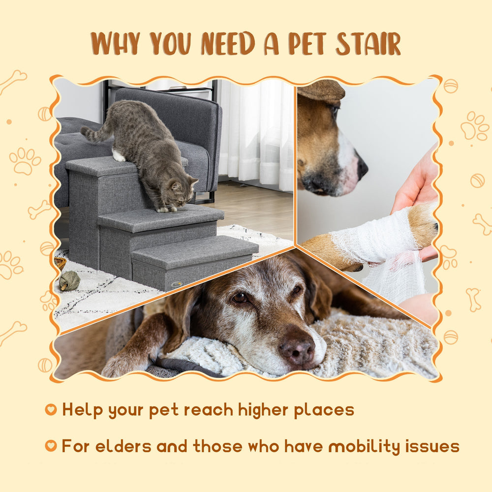 Cat Stairs with Storage Boxes, 3 Steps Dog Stairs for Bed, Pet Ladder for Couch Sofa, PawHut,