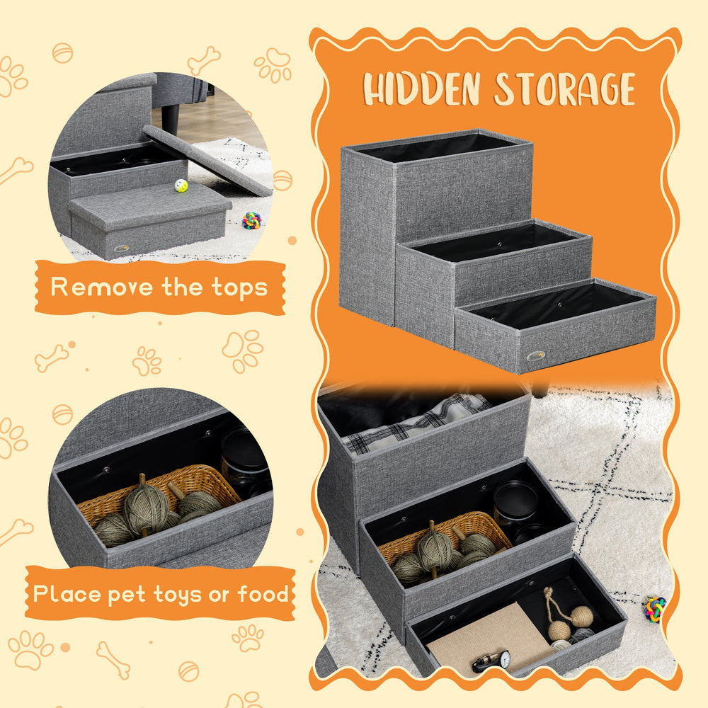Cat Stairs with Storage Boxes, 3 Steps Dog Stairs for Bed, Pet Ladder for Couch Sofa, PawHut,