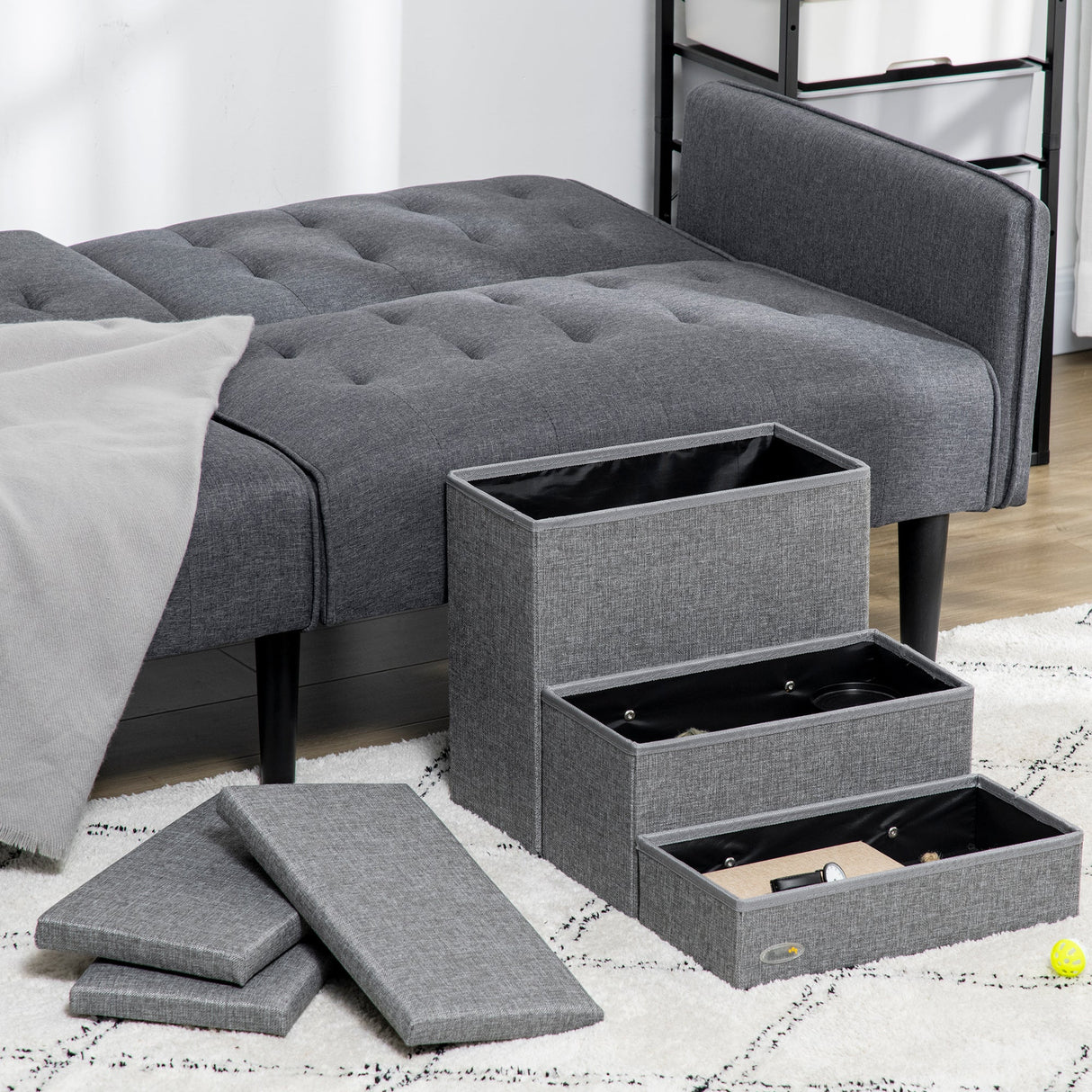 Cat Stairs with Storage Boxes, 3 Steps Dog Stairs for Bed, Pet Ladder for Couch Sofa, PawHut,