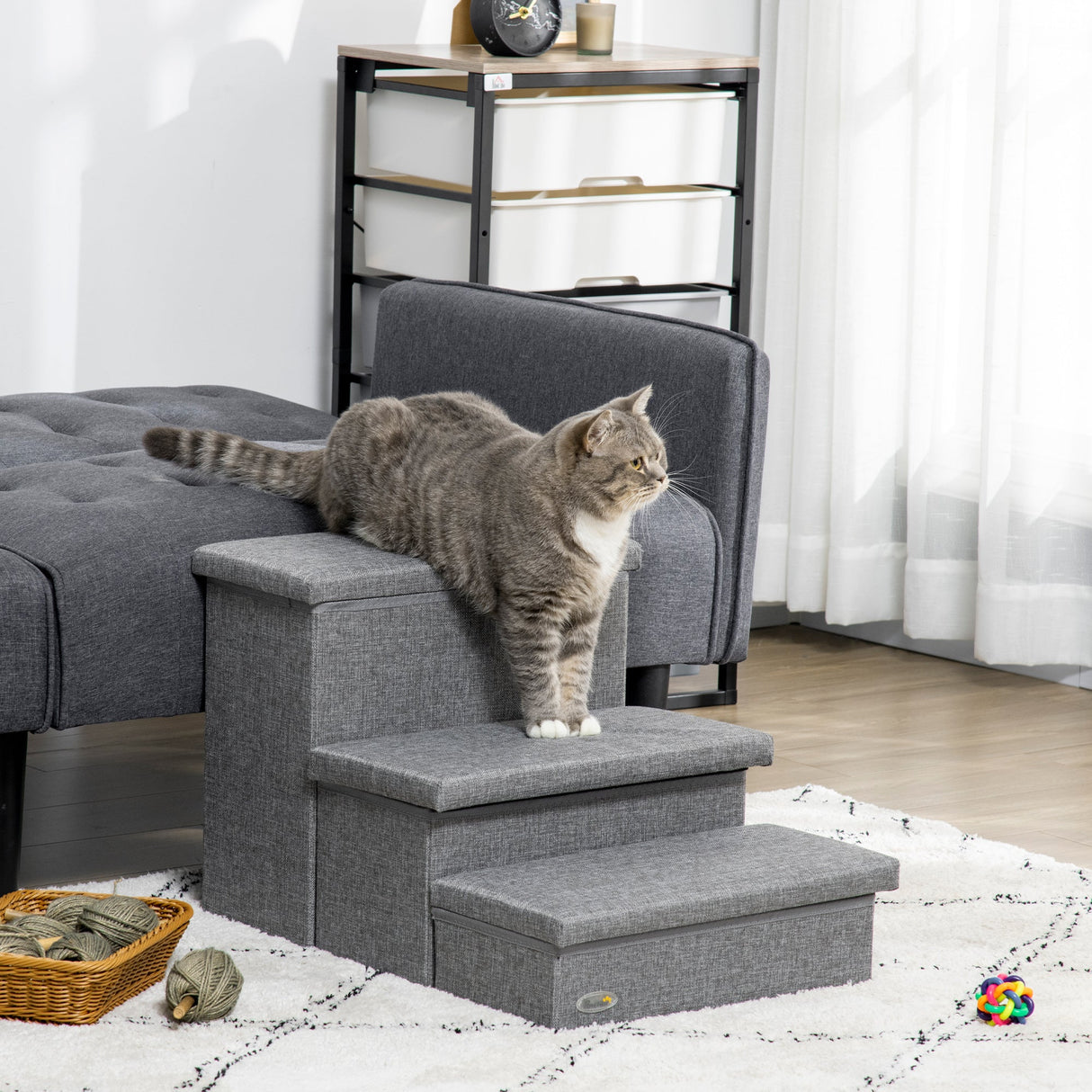 Cat Stairs with Storage Boxes, 3 Steps Dog Stairs for Bed, Pet Ladder for Couch Sofa, PawHut,