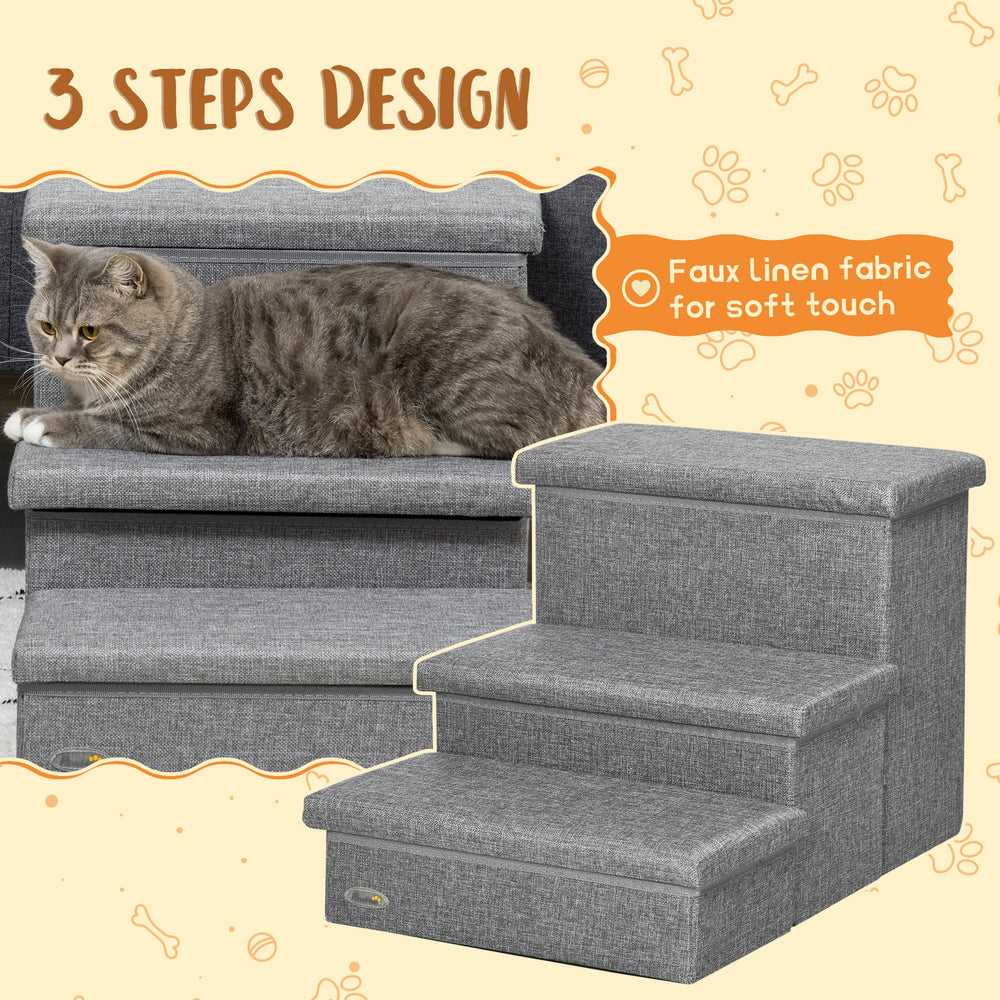 Cat Stairs with Storage Boxes, 3 Steps Dog Stairs for Bed, Pet Ladder for Couch Sofa, PawHut,