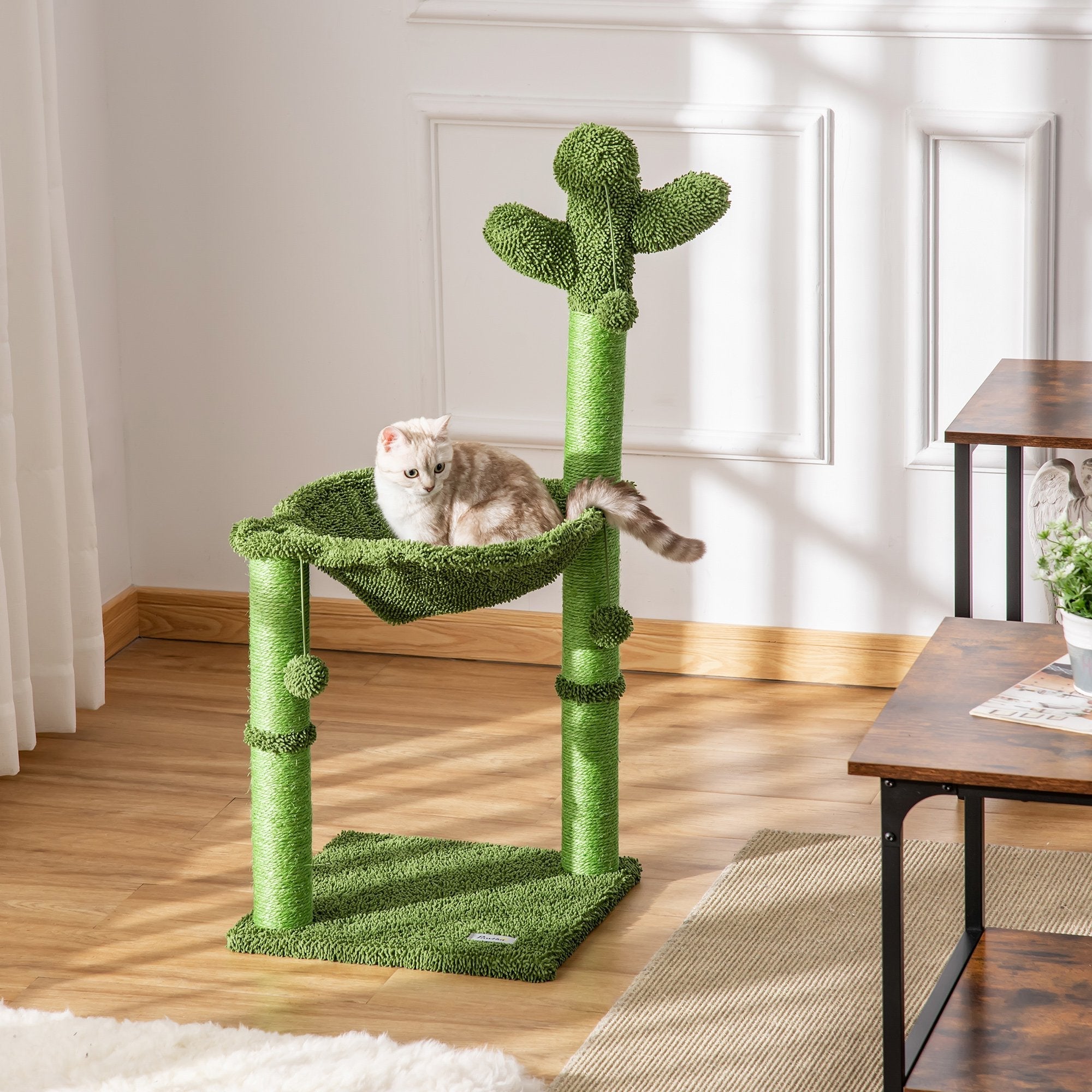 Cat Tower Cactus Shape w/ Scratching Post Hammock Bed Ball Kitten Toy, PawHut,