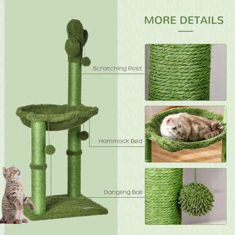 Cat Tower Cactus Shape w/ Scratching Post Hammock Bed Ball Kitten Toy, PawHut,