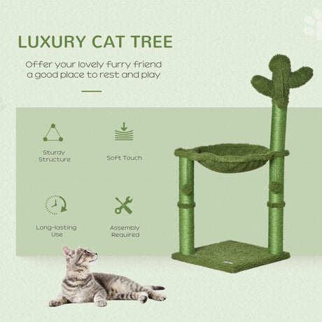 Cat Tower Cactus Shape w/ Scratching Post Hammock Bed Ball Kitten Toy, PawHut,