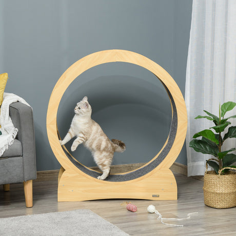 Cat Treadmill, Wooden Cat Exercise Wheel with Carpeted Runway, Cat Running Wheel with Brake, for Exercise - Natural Wood Finish, PawHut,