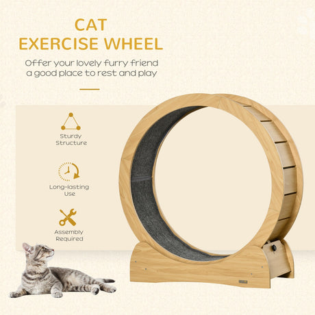 Cat Treadmill, Wooden Cat Exercise Wheel with Carpeted Runway, Cat Running Wheel with Brake, for Exercise - Natural Wood Finish, PawHut,