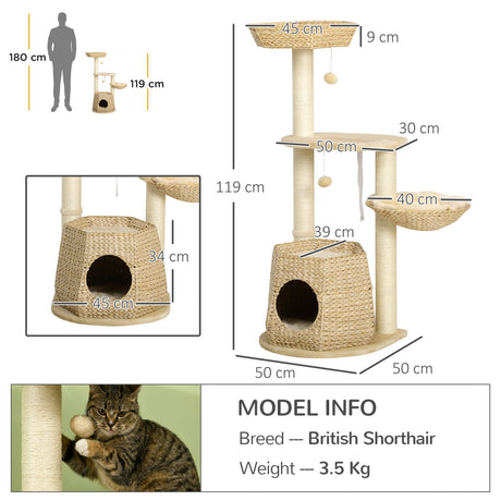 Cat Tree Activity Centre, with Cattail, Bed, Cat House, Sisal Post, Ball - Natural Tone, PawHut,