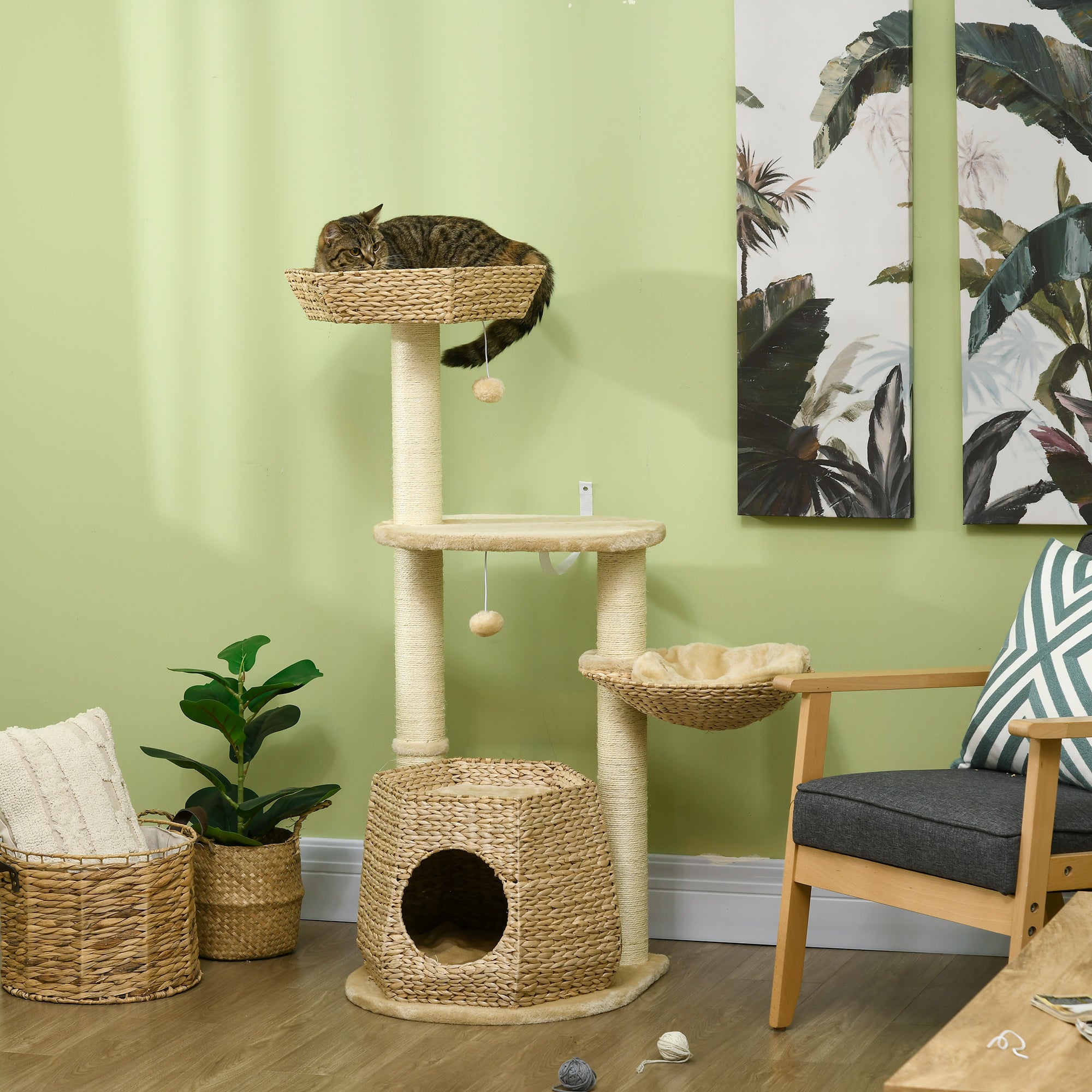 Cat Tree Activity Centre, with Cattail, Bed, Cat House, Sisal Post, Ball - Natural Tone, PawHut,