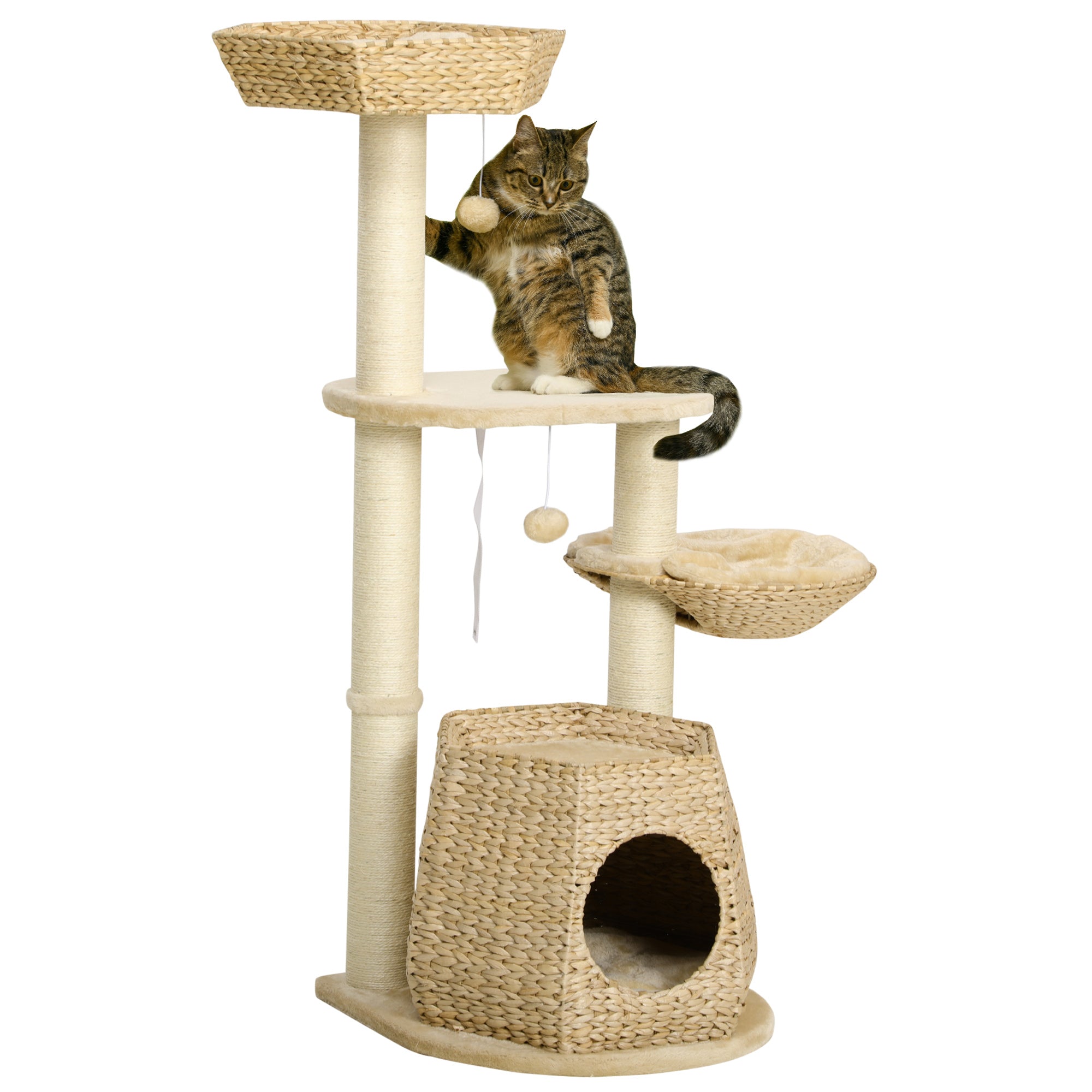 Cat Tree Activity Centre, with Cattail, Bed, Cat House, Sisal Post, Ball - Natural Tone, PawHut,