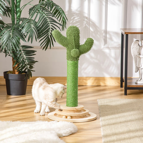 Cat Tree Cactus Sisal Scratching Post for Indoor Cats Play Tower Kitten Furniture with Hanging Ball Interactive Fun Roller Exerciser 32 x 32 x 60cm, PawHut,