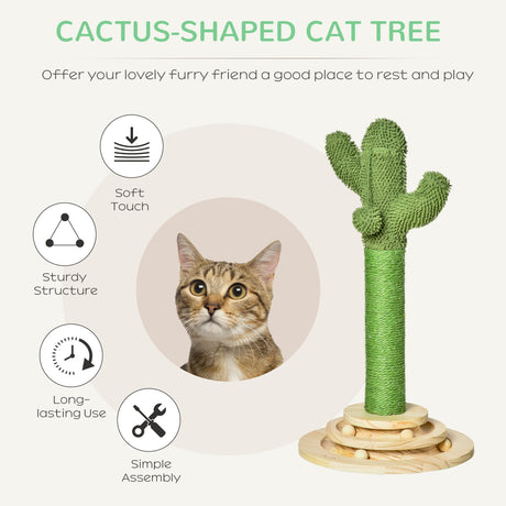 Cat Tree Cactus Sisal Scratching Post for Indoor Cats Play Tower Kitten Furniture with Hanging Ball Interactive Fun Roller Exerciser 32 x 32 x 60cm, PawHut,