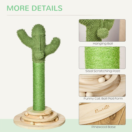 Cat Tree Cactus Sisal Scratching Post for Indoor Cats Play Tower Kitten Furniture with Hanging Ball Interactive Fun Roller Exerciser 32 x 32 x 60cm, PawHut,