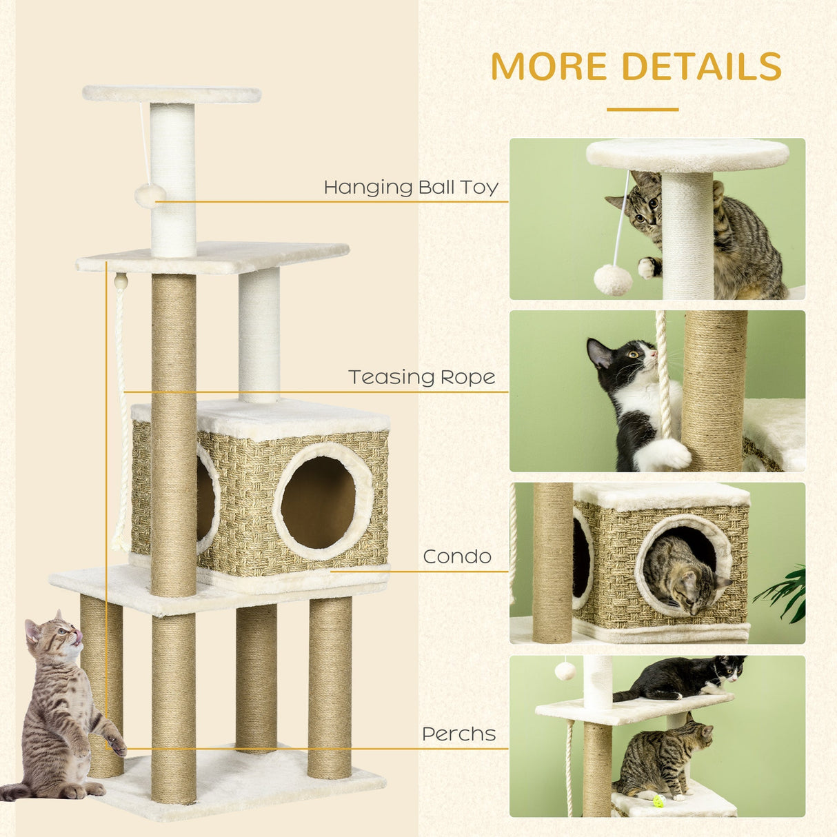 Cat Tree, Climbing Kitten Cat Tower Activity Center for Indoor Cats with Jute Scratching Post, Condo, Kitten Stand, Hanging Ball Toy, Beige, PawHut,