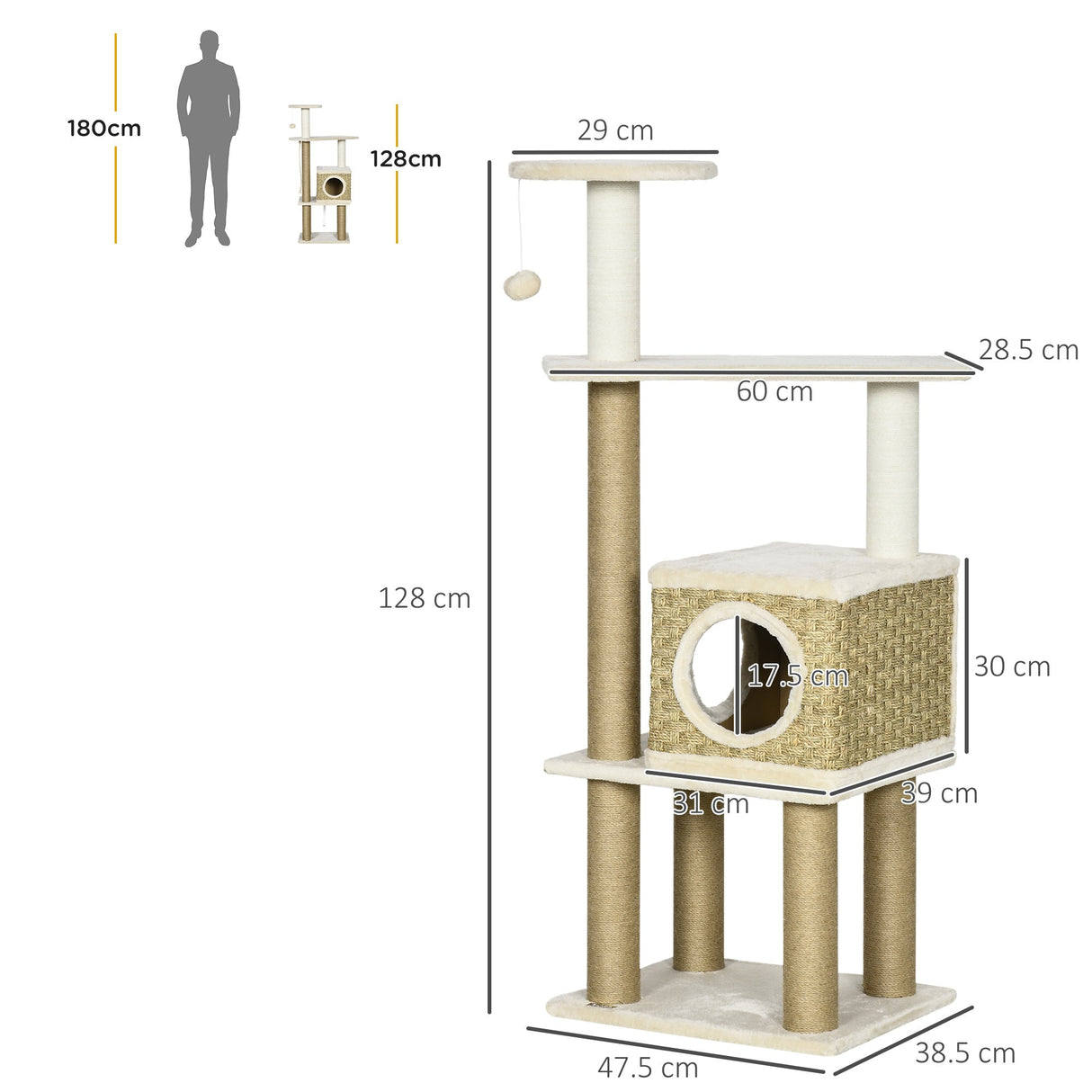 Cat Tree, Climbing Kitten Cat Tower Activity Center for Indoor Cats with Jute Scratching Post, Condo, Kitten Stand, Hanging Ball Toy, Beige, PawHut,