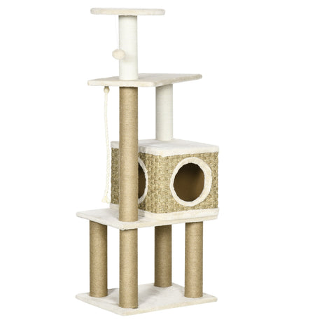 Cat Tree, Climbing Kitten Cat Tower Activity Center for Indoor Cats with Jute Scratching Post, Condo, Kitten Stand, Hanging Ball Toy, Beige, PawHut,