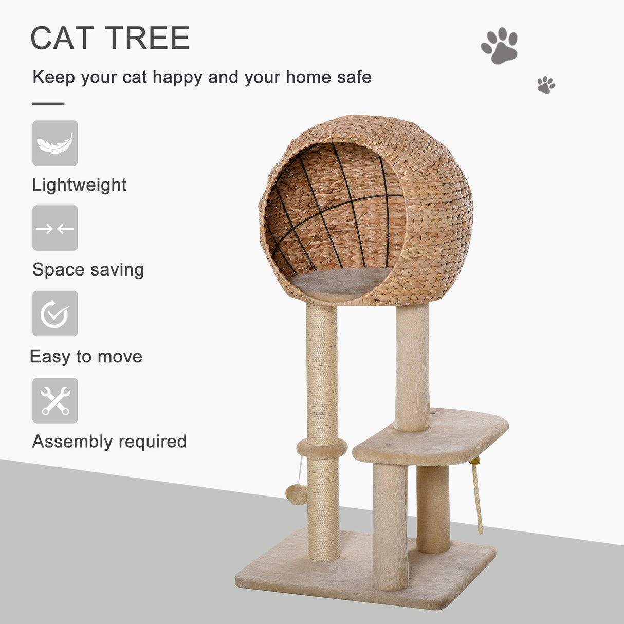 Cat Tree for Indoor Cats 100cm Kitten Climbing Tower Activity Center with Sisal Scratching Post Condo Perch Hanging Balls Teasing Rope Toy Cushion, PawHut,