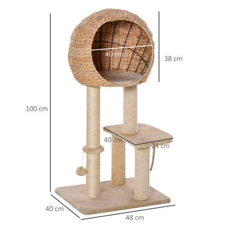 Cat Tree for Indoor Cats 100cm Kitten Climbing Tower Activity Center with Sisal Scratching Post Condo Perch Hanging Balls Teasing Rope Toy Cushion, PawHut,