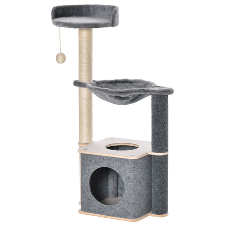 Cat Tree for Indoor Cats 95cm Climbing Tower Kitten Activity Center with Sisal Scratching Post Perch Roomy Condo Hammock Removable Felt Hanging Toy, Grey, PawHut,