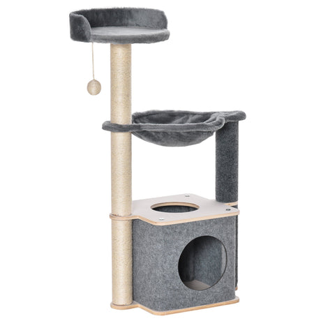 Cat Tree for Indoor Cats 95cm Climbing Tower Kitten Activity Center with Sisal Scratching Post Perch Roomy Condo Hammock Removable Felt Hanging Toy, Grey, PawHut,