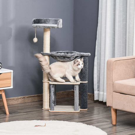 Cat Tree for Indoor Cats 95cm Climbing Tower Kitten Activity Center with Sisal Scratching Post Perch Roomy Condo Hammock Removable Felt Hanging Toy, Grey, PawHut,