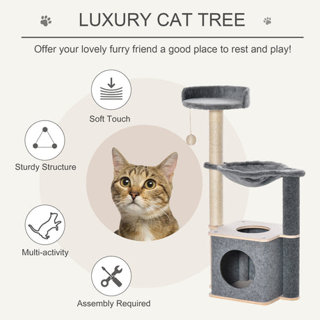 Cat Tree for Indoor Cats 95cm Climbing Tower Kitten Activity Center with Sisal Scratching Post Perch Roomy Condo Hammock Removable Felt Hanging Toy, Grey, PawHut,