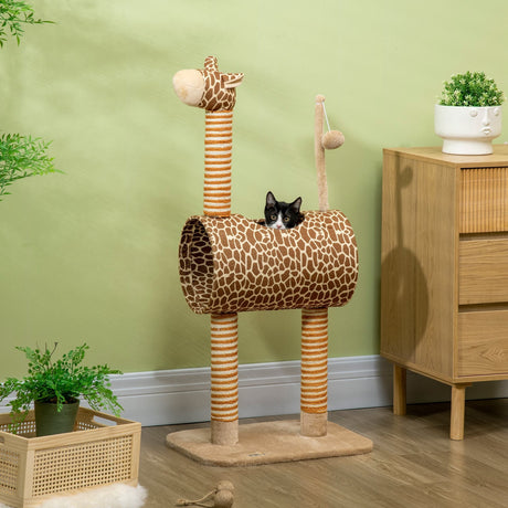 Cat Tree for Indoor Cats Cute Giraffe Kitten Play Tower with Scratching Posts Tunnel Ball Toy, 48.5 x 34.5 x 101 cm, PawHut,