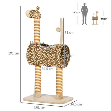 Cat Tree for Indoor Cats Cute Giraffe Kitten Play Tower with Scratching Posts Tunnel Ball Toy, 48.5 x 34.5 x 101 cm, PawHut,