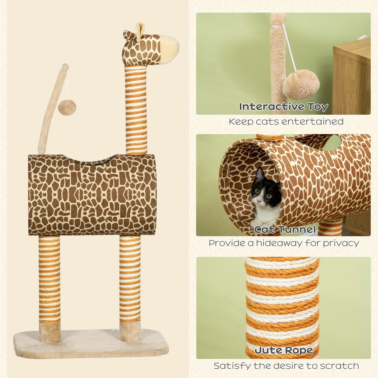 Cat Tree for Indoor Cats Cute Giraffe Kitten Play Tower with Scratching Posts Tunnel Ball Toy, 48.5 x 34.5 x 101 cm, PawHut,