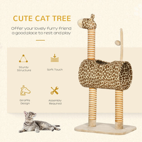 Cat Tree for Indoor Cats Cute Giraffe Kitten Play Tower with Scratching Posts Tunnel Ball Toy, 48.5 x 34.5 x 101 cm, PawHut,