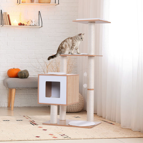 Cat Tree for Indoor Cats Scratching Post Kitten House Condo Activity Center w/ Cushion Hanging Toy Multi-level, PawHut,