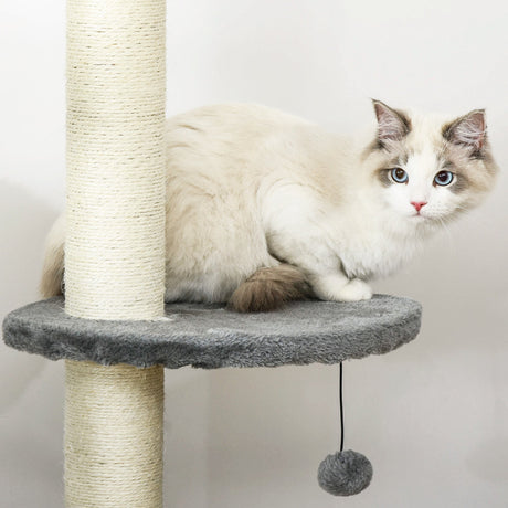 Cat Tree, Kitten Tower, Condo, Multi-Layer Activity Center, Indoor Pet Play House with Solid Scratching Post Hanging Balls, Light Grey, PawHut,