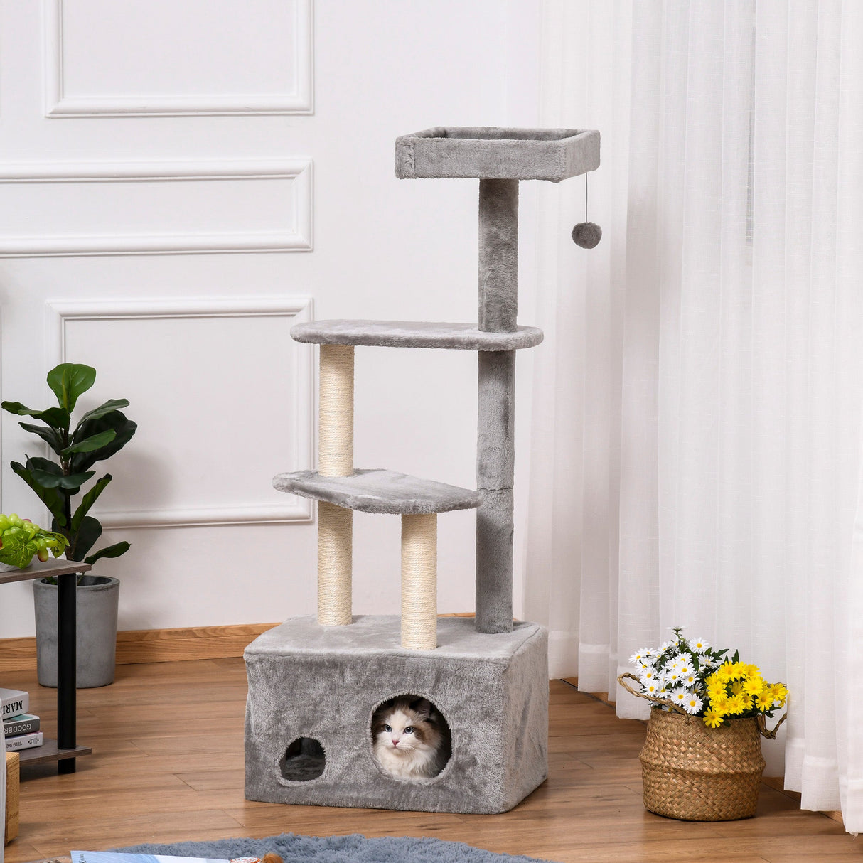 Cat Tree Kitten Tower w/ Sisal Scratching Post Condo Plush Perches Hanging Ball, PawHut,