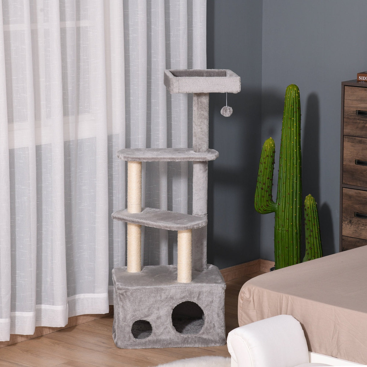 Cat Tree Kitten Tower w/ Sisal Scratching Post Condo Plush Perches Hanging Ball, PawHut,