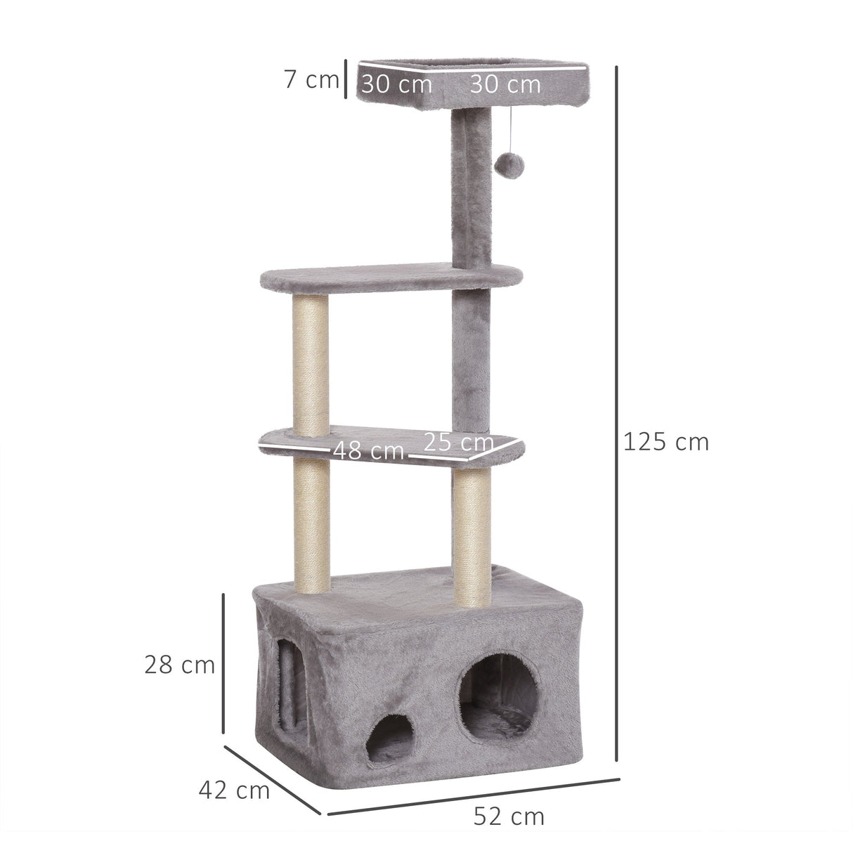 Cat Tree Kitten Tower w/ Sisal Scratching Post Condo Plush Perches Hanging Ball, PawHut,