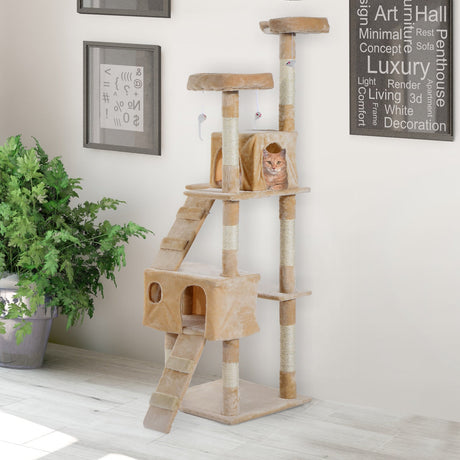 Cat Tree Scratching House, Activity Play Centre, PawHut, Beige
