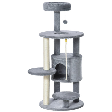 Cat Tree Tower Activity Center with Hanging Ball Toy Teasing Rope Dark grey, PawHut,