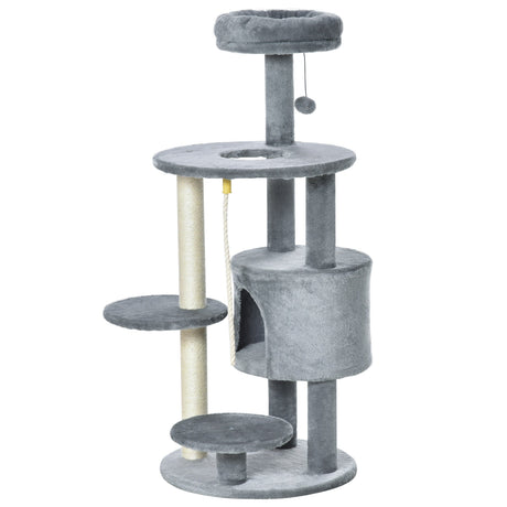 Cat Tree Tower Activity Center with Hanging Ball Toy Teasing Rope Dark grey, PawHut,