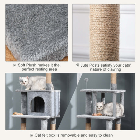 Cat Tree Tower Climbing Kitten Activity Center with Jute Scratching Post, Grey, PawHut,