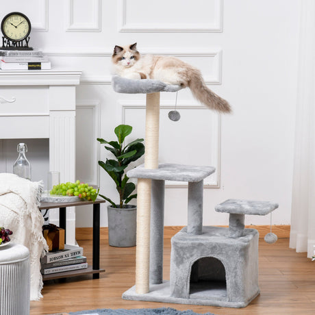Cat Tree Tower for Indoor Cats 114cm Climbing Activity Centre Kitten with Sisal Scratching Post Perch Hanging Ball Condo Toy Light Grey, PawHut,