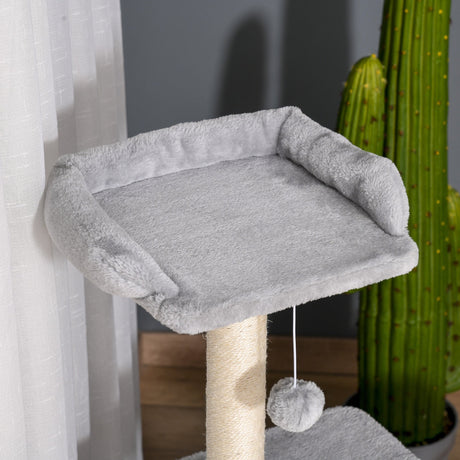 Cat Tree Tower for Indoor Cats 114cm Climbing Activity Centre Kitten with Sisal Scratching Post Perch Hanging Ball Condo Toy Light Grey, PawHut,